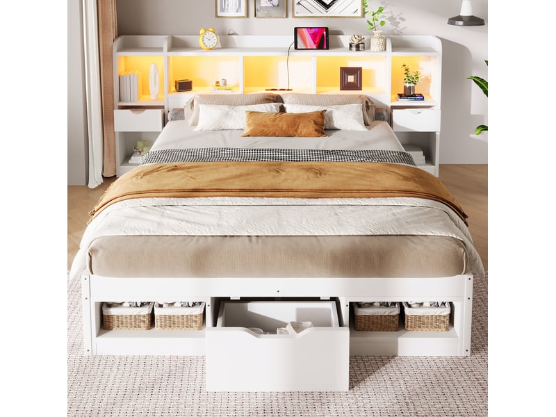  Lit plateforme 140x200 cm, tête et pied de lit avec rangements, led, port usb, mdf et contreplaqué, blanc sans matelas  - Conforama D