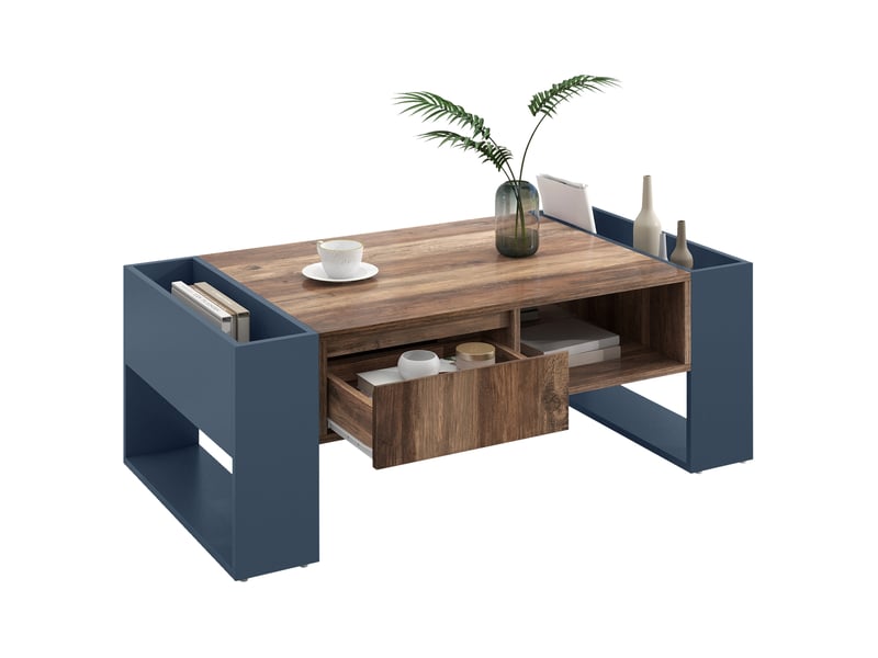  Table basse rectangulaire avec 1 tiroir sans poignée et compartiments de rangement, bois naturel, pour salon, 111 x 60 x 40 cm  - Conforama A