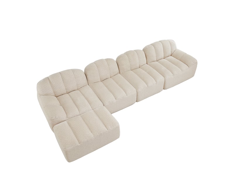  Canapé modulable 4 places en tissu bouclette beige blanc avec pouf, assise profonde et mousse haute densité  - Conforama A