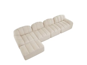 Canapé modulable 4 places en tissu bouclette beige blanc avec pouf, assise profonde et mousse haute densité