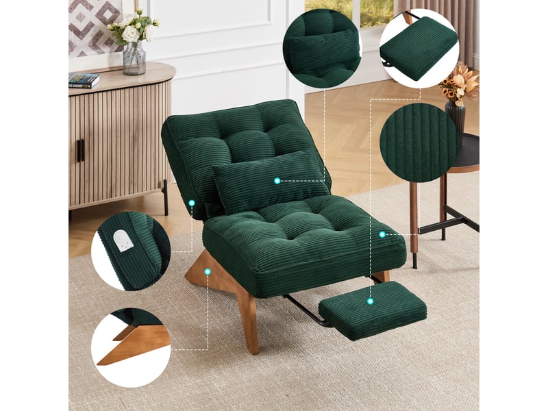  Fauteuil de salon 127x73x90cm – pas d'accoudoirs - avec repose-pieds rétractable, dossier inclinable et coussin lombaire – velours côtelé - vert  - Conforama D