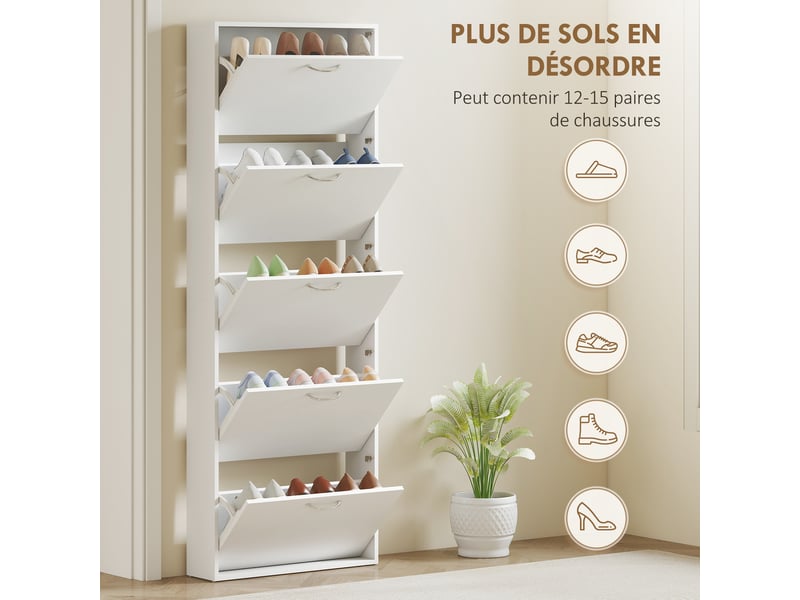  Meuble à chaussures 15 paires, armoire à chaussures étroite moderne avec 5 tiroirs rabattables, 65 x 17 x 180,5 cm blanc  - Conforama E