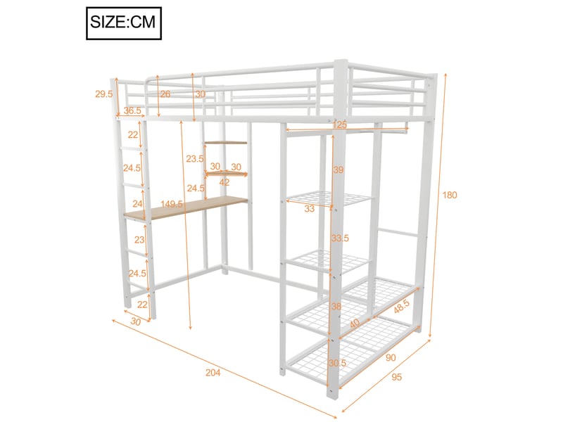  Lit mezzanine enfant 90x200 cm, table, étagère, garde-corps, sommier, métal blanc, sans matelas  - Conforama C