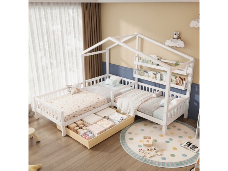  Lit cabane 90x200 cm, lit enfant avec tiroirs, étagères et barrière, en bois massif, blanc, sans matelas  - Conforama B