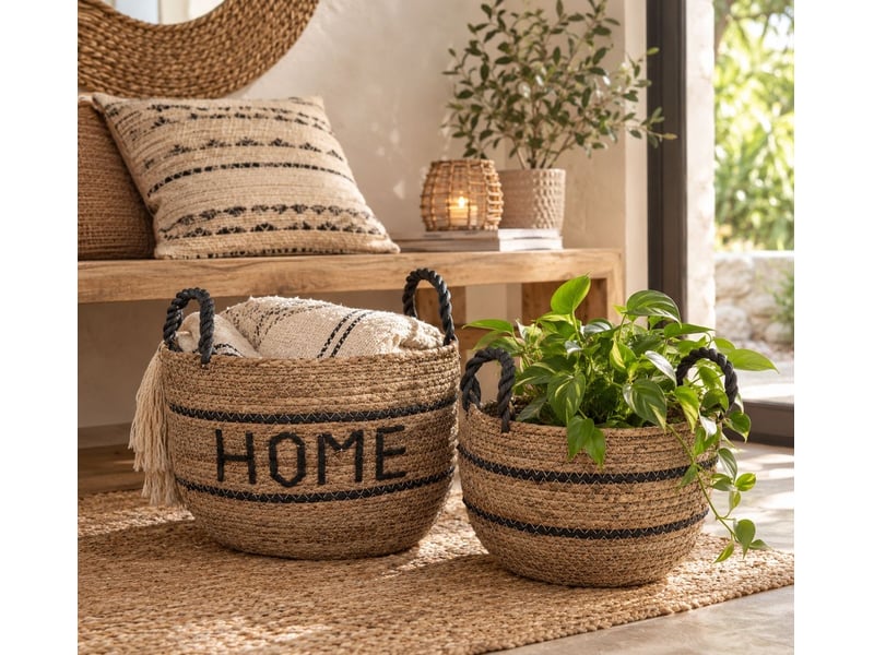  Lot de 2 paniers en fibre naturelle marron d27x20, d24,5x16,5h cm  - Conforama B