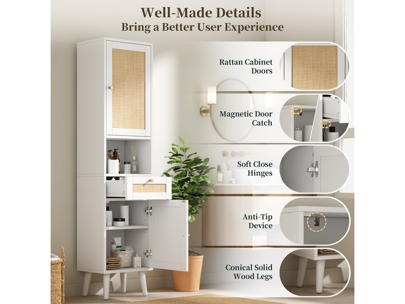  Colonne de salle de bain 2 portes en rotin 1 tiroir mdf blanc 40 x 30 x 166 cm  - Conforama D