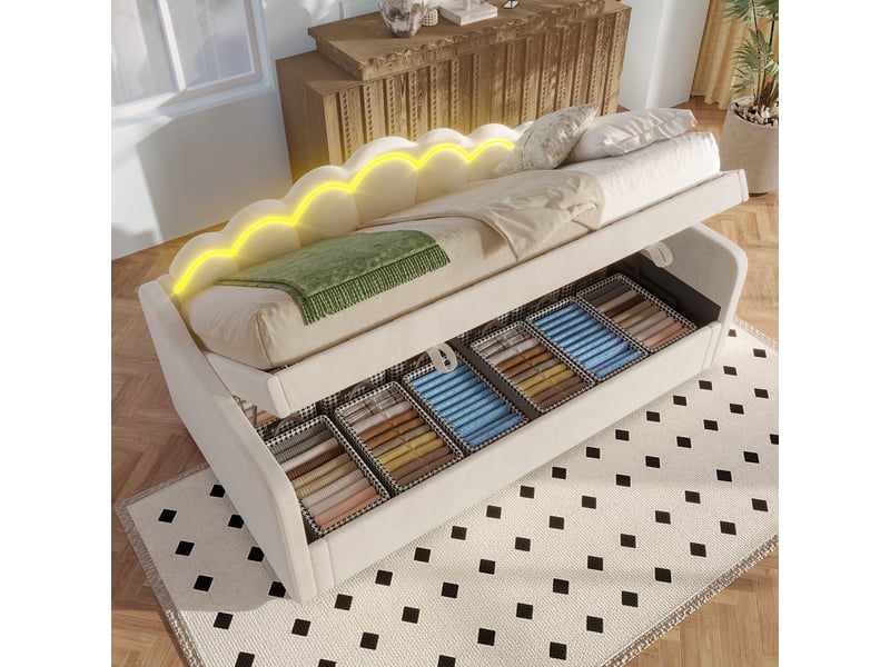  Lit banquette 90x200 cm, canapé-lit avec rangement hydraulique, bande led multicolore, velours, beige  - Conforama D