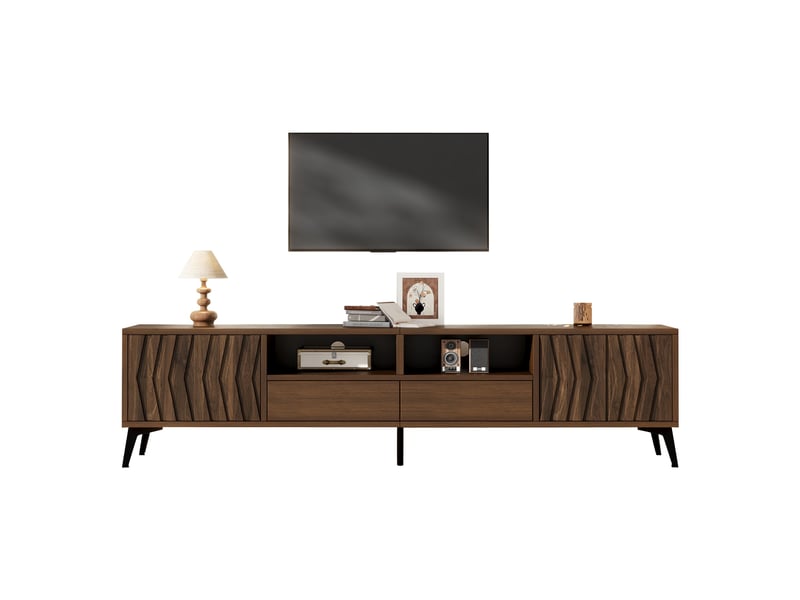 Meuble tv 180 cm effet noyer avec 2 portes, 2 tiroirs et design relief géométrique, meuble bas rangement pour téléviseur jusqu’à 75 pouces IKSETERA TRADING LTD - Conforama A