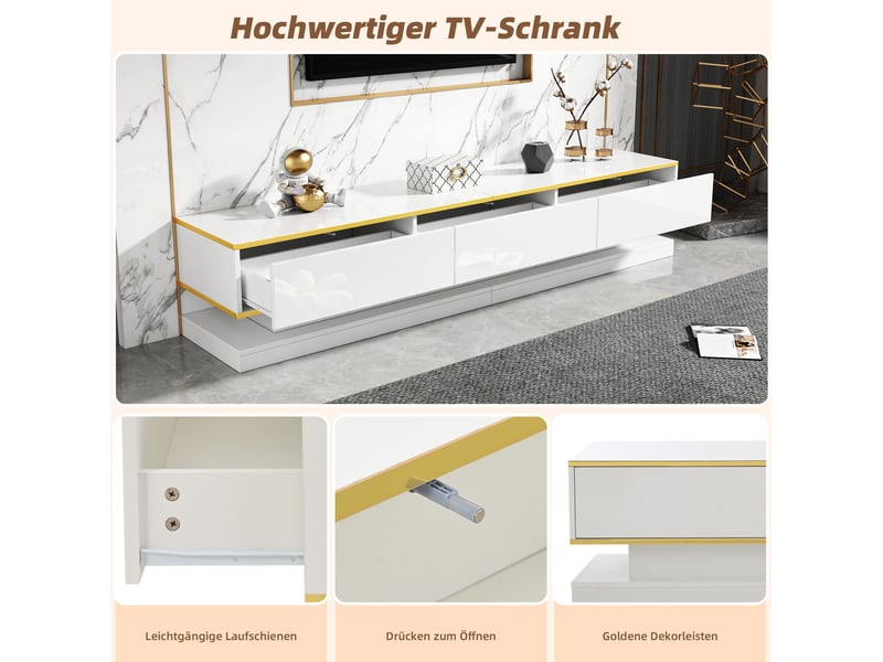  Ensemble meuble tv et table basse 200 x 40 x 40 cm blanc chaud, panneaux de particules, 5 tiroirs, bordure dorée  - Conforama E
