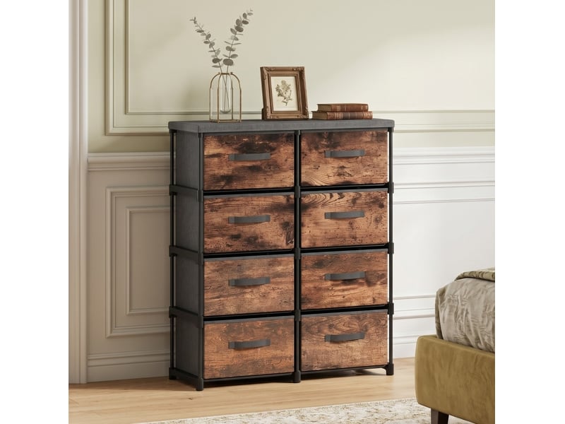  Commode à 8 tiroirs en tissu, cadre métal, 84,5 x 30,5 x 100 cm, marron rustique  - Conforama B
