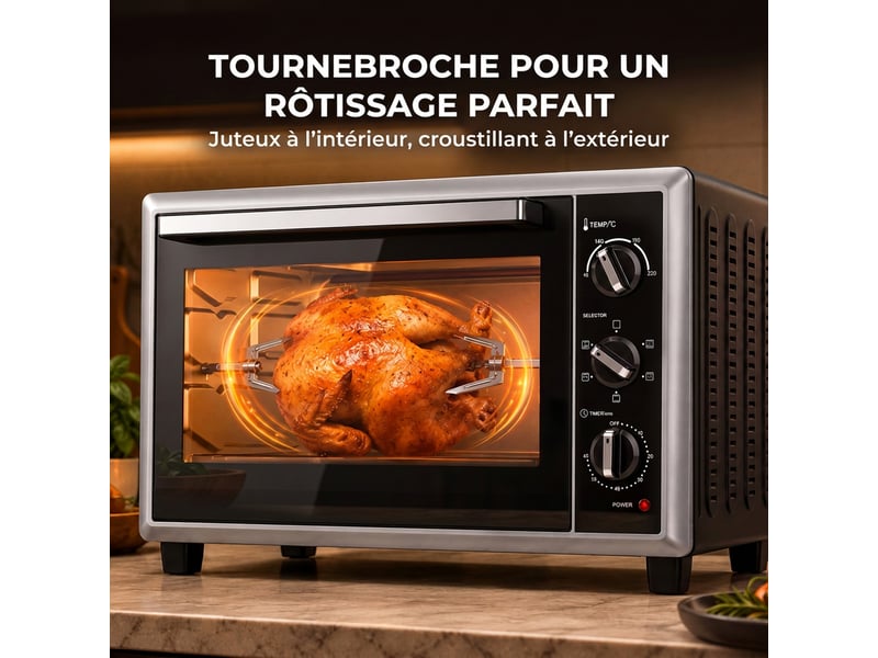 Mini-four électrique avec broche rotative 32l 1500w, four à convection multifonction, minuterie, chaleur tournante, noir - Conforama R