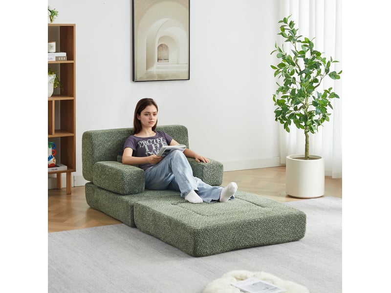  Fauteuil-lit modulable 2-en-1 1 place – vert – chenille, dossier haut et couchage d'appoint pliable  - Conforama E