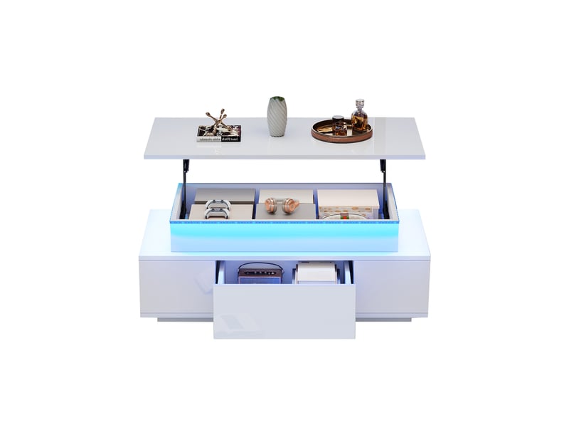 Table basse relevable blanche avec rangement caché, plateau hydraulique et éclairage led, 96x45x40cm  - Conforama A