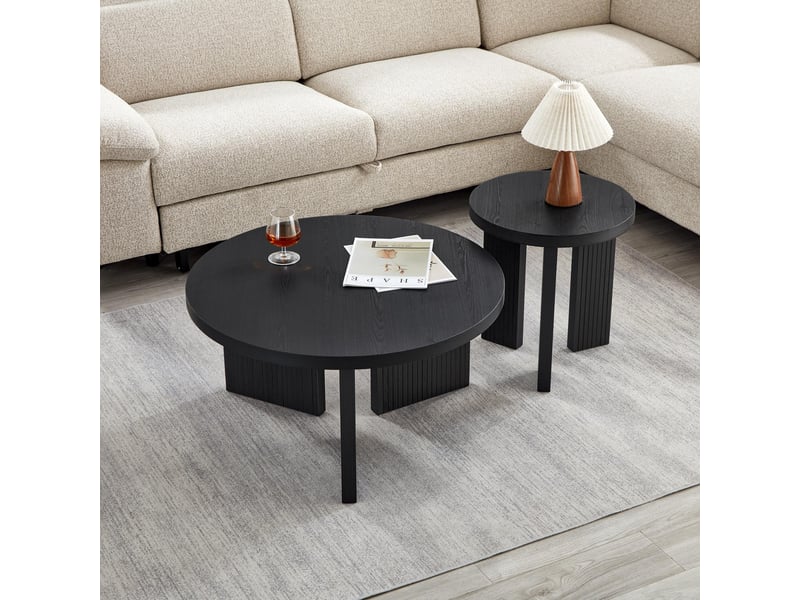  Ensemble de deux tables basses rondes à pieds rainurés, mdf, diamètres 80 et 44,5 cm, noir  - Conforama D