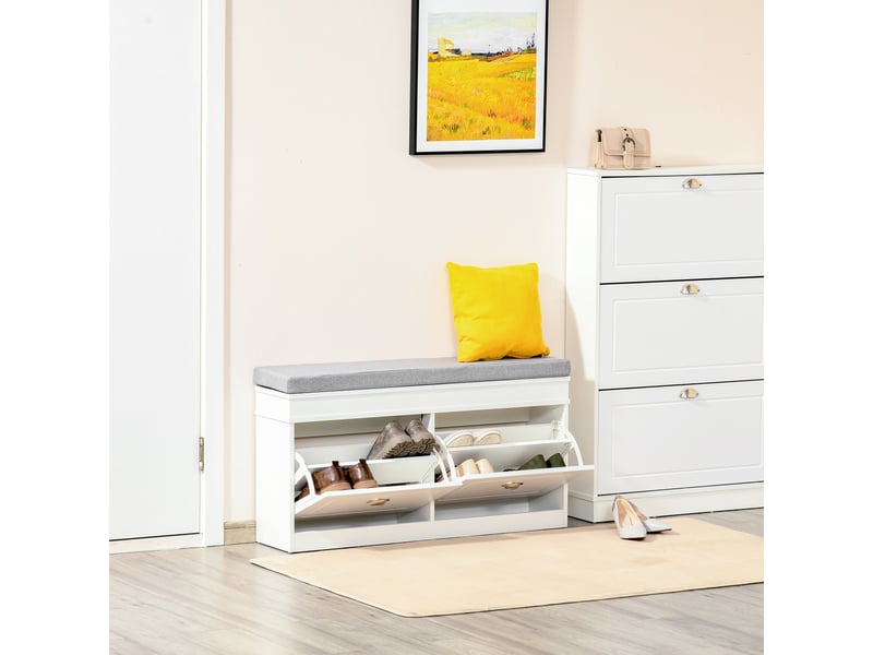  Banc à chaussures avec rangement pour 8 paires de chaussures, 2 tiroirs et étagères réglables, 104 x 24 x 55 cm, blanc  - Conforama C
