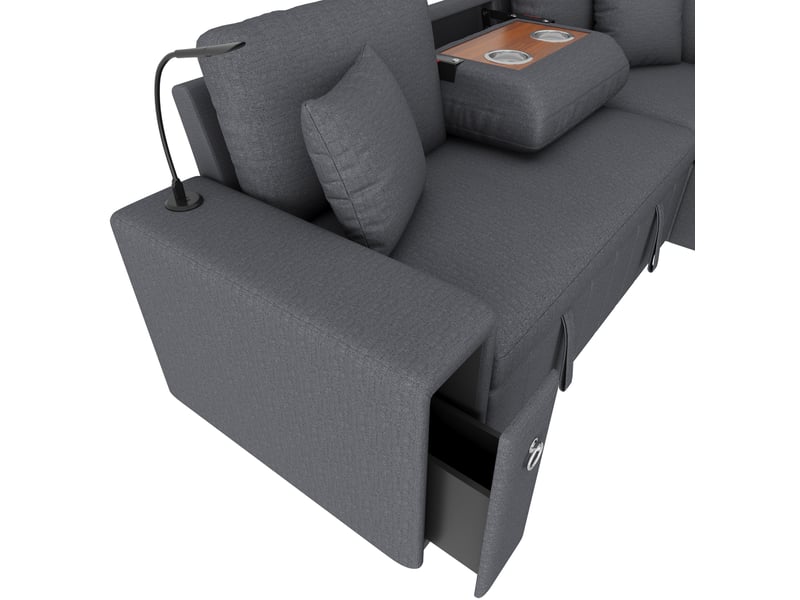  Canapé d'angle 213x184x88cm, table rabattable, ports usb, lampe de lecture, pouf, pouf de rangement, matière lin, gris  - Conforama E