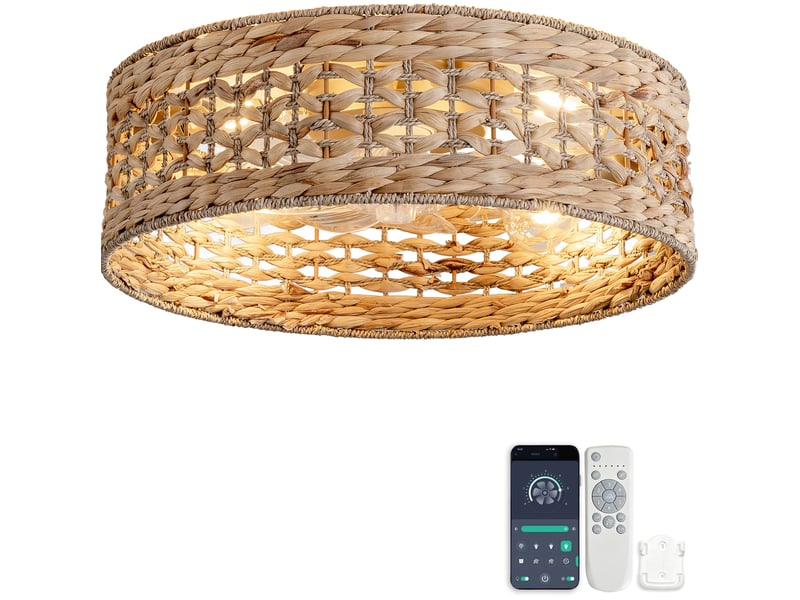 Ventilateur plafonnier 19 pouces en plastique et rotin couleur cuivre, télécommande et application, pour petit espace - Conforama A