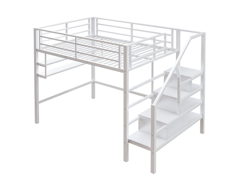  Lit mezzanine 140x200 cm, lit double, étagères ouvertes, escalier rangement, rambarde, blanc, sans matelas  - Conforama D