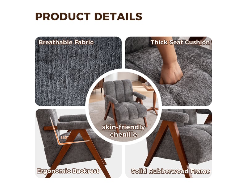  Fauteuil bouclé avec accoudoirs, assise rembourrée en mousse et cadre en chêne massif, tissu bouclé gris  - Conforama E