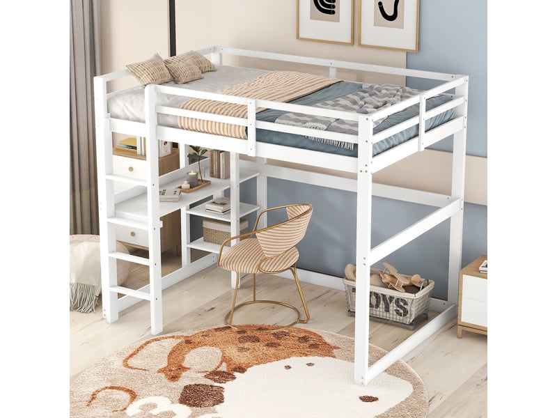  Lit mezzanine blanc antique 140x200cm avec rangement, bureau, structure robuste, confort durable - bois massif - pour enfant ado  - Conforama C