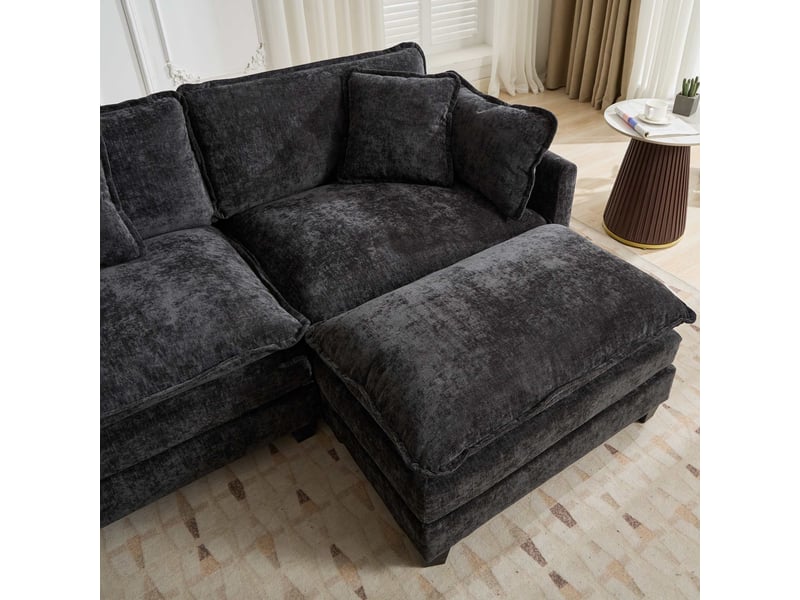 Canapé 3 places en chenille noir, canapé modulable avec coussin rembourré double couche pour salon ,pouf non inclus  - Conforama E