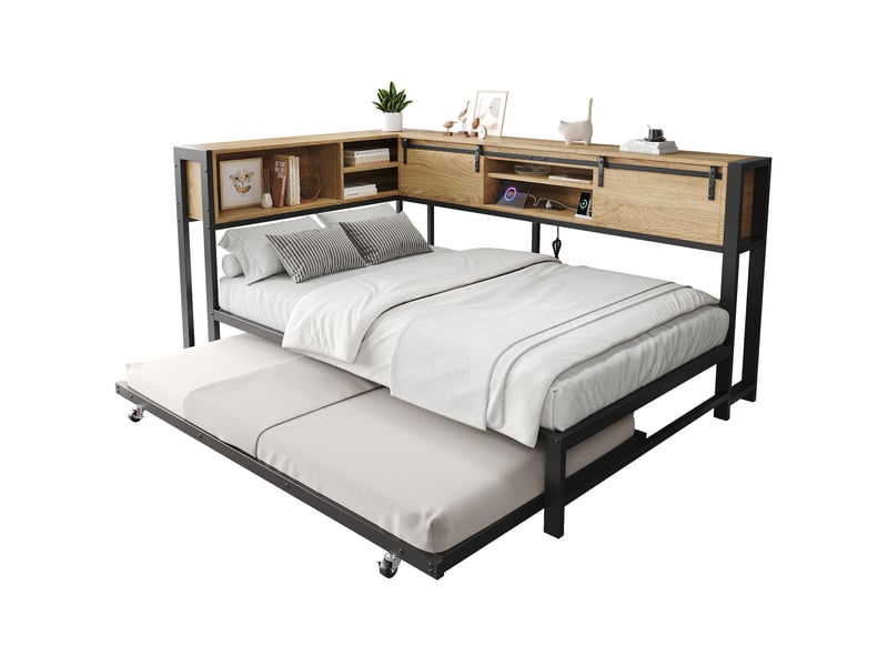  Lit gigogne 120x200cm+90x190cm, tête de lit étagère d'angle, portes coulissantes, prises usb - noir et chêne  - Conforama A