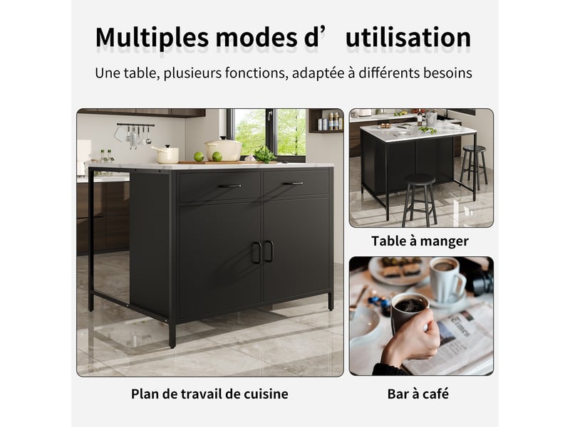  Table haute 100x90x90 cm, plateau motif marbre en mdf, 2 tiroirs et étagères réglables, pieds métal, noir  - Conforama D