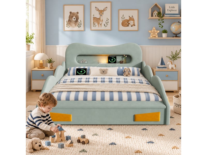 Lit enfant voiture rembourré 140x200 cm - coffre au pied du lit, liseuse et port de charge - design roues - tissu - vert CozyNest - Conforama E