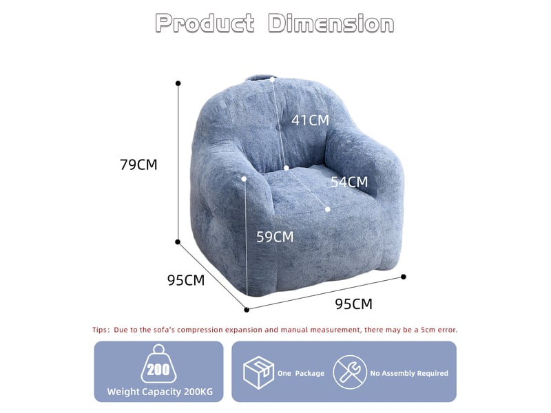 Fauteuil poire 95x95x79 cm avec accoudoirs et rembourrage en mousse bleu - Conforama E