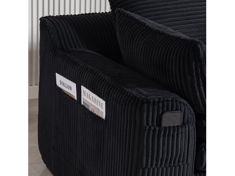 Canapé droit 2 pl 191x94x85 cm, velours côtelé noir, coussins, poches latérales, confortable et design, pour salon et bureau  - Conforama D