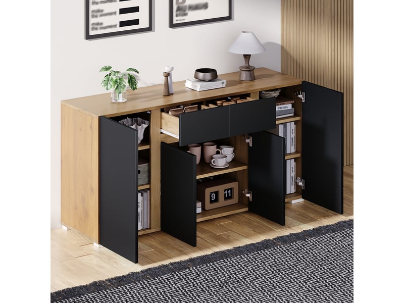  Buffet bas 140x35x70 cm noir avec 2 tiroirs, 4 portes, led Fay Lum - Conforama B