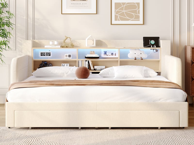  Lit gigogne, 90 x 200 cm, lit de repos avec bande led, tiroirs de rangement et multiples compartiments de rangement intégrés, lin, beige  - Conforama B