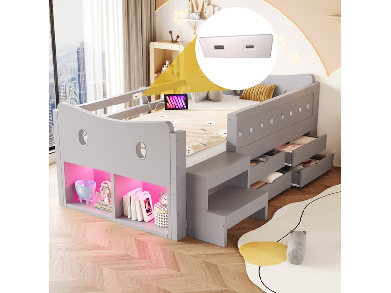  Lit enfant 90 x 200 cm avec 4 tiroirs, rangements, led, usb et usb-c, gris  - Conforama B