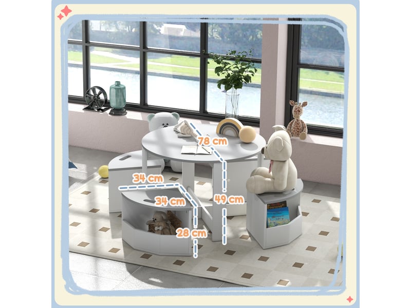 Table enfant avec 4 chaises 5 pièces avec rangement, cadeau pour fille garçon 3-8 ans, ø 78 x 49 cm, gris - Conforama C