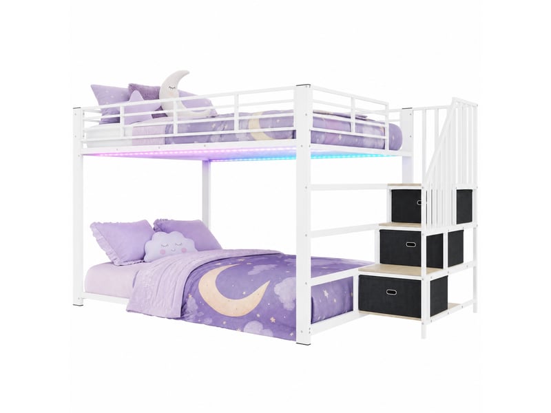  Lit adulte 140x200 cm – blanc et noyer – superposé, escalier de rangement, led, usb – sans matelas  - Conforama A