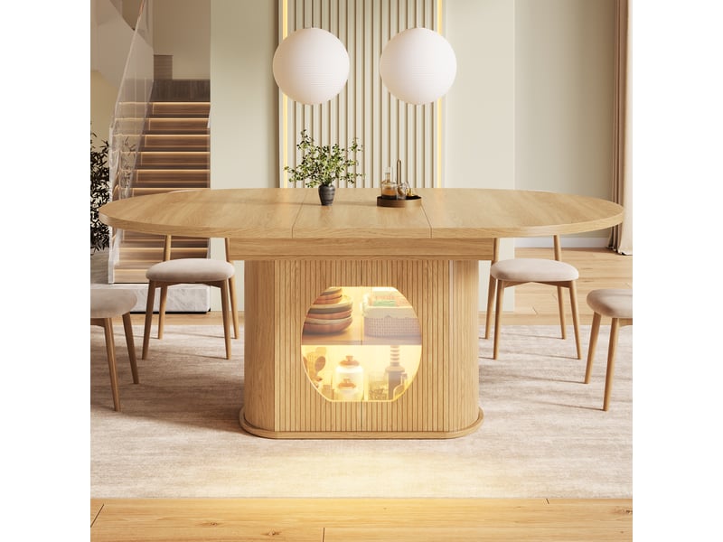  Table à manger extensible ovale 118–158 x 118 x 76,8 cm, 4 à 6 personnes, rangement intégré, led avec appli, portes push-to-open, finition naturelle  - Conforama C