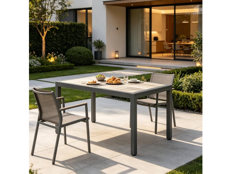  Table de jardin 140x80x72 cm gris foncé, acier galvanisé et pspc, 4 à 6 personnes pour repas en extérieur  - Conforama E