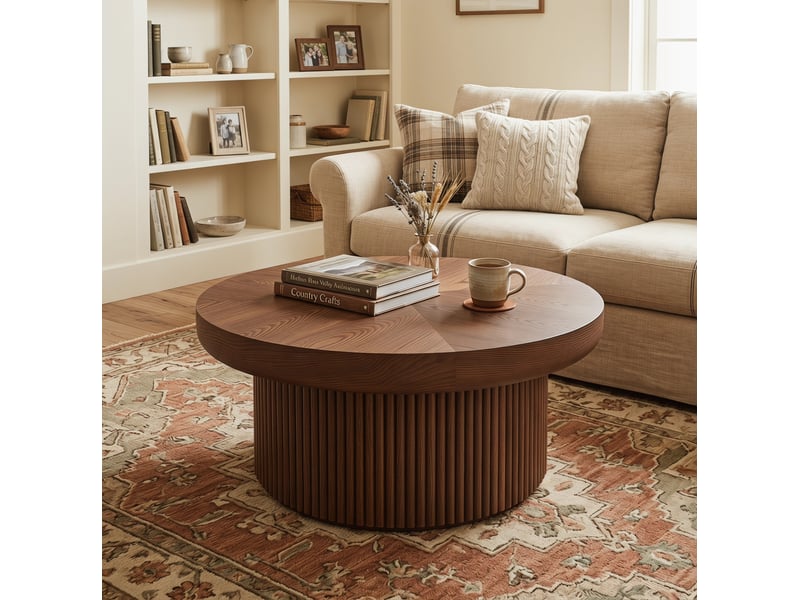  Table basse ronde ulevr à plateau épais 8 cm, ø 78 cm, base cylindrique cannelée, bois et mdf, noyer  - Conforama D