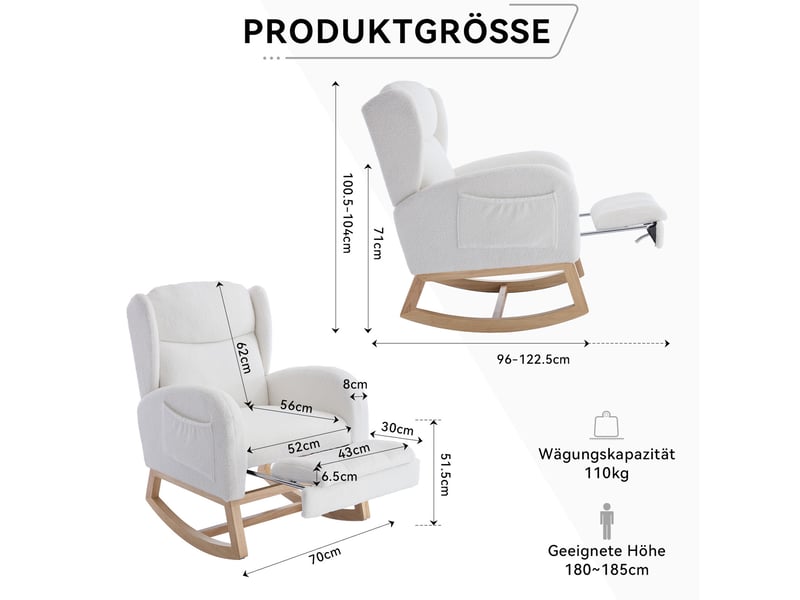  Fauteuil à bascule modenvie teddy blanc avec repose-pieds coulissant et poches de rangement 122,5 x 70 x 104 cm  - Conforama C