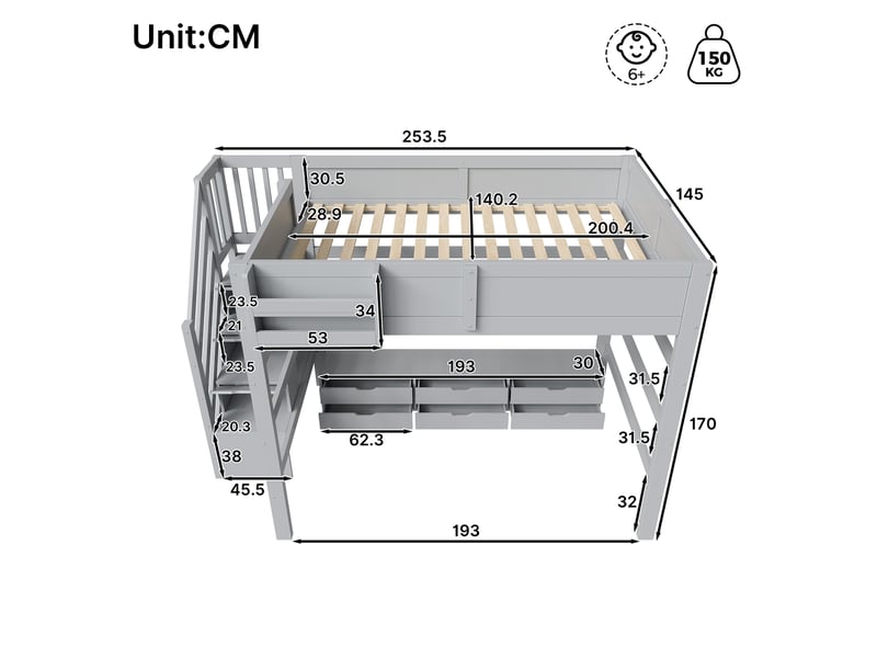  Lit mezzanine 140x200 cm - grand rangement - 6 tiroirs - barrière de sécurité - bois - structure multifonction - pour chambre enfant - bois naturel CozyNest - Conforama D