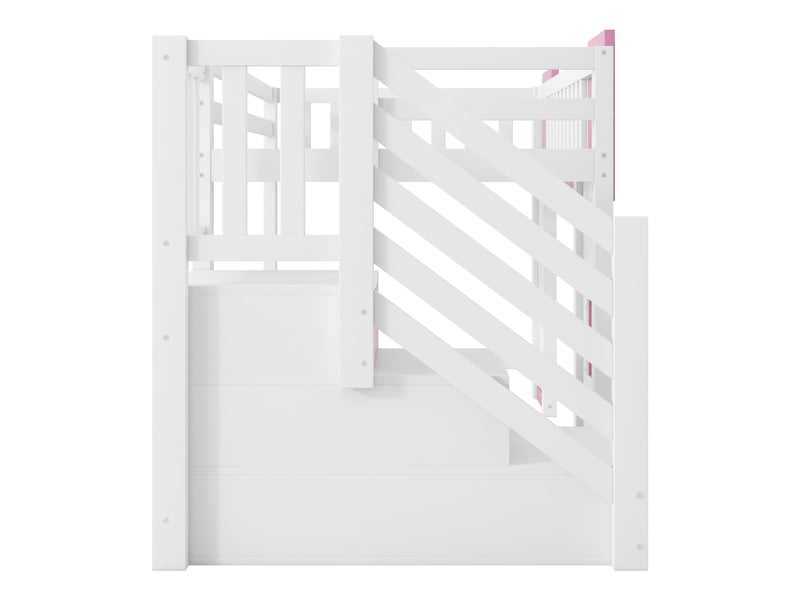  Lit mezzanine 90x200 cm blanc et rose, avec escalier de rangement 3 compartiments, 2 fenêtres, garde-corps, sommier inclus, sans matelas  - Conforama E