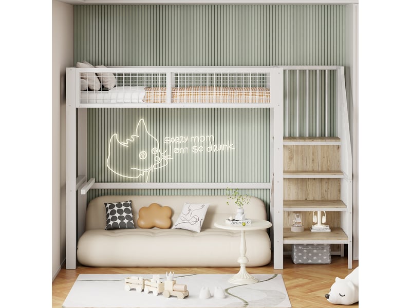 Lit mezzanine enfant 90x200 cm avec échelle de rangement et armoire, métal blanc - Conforama D