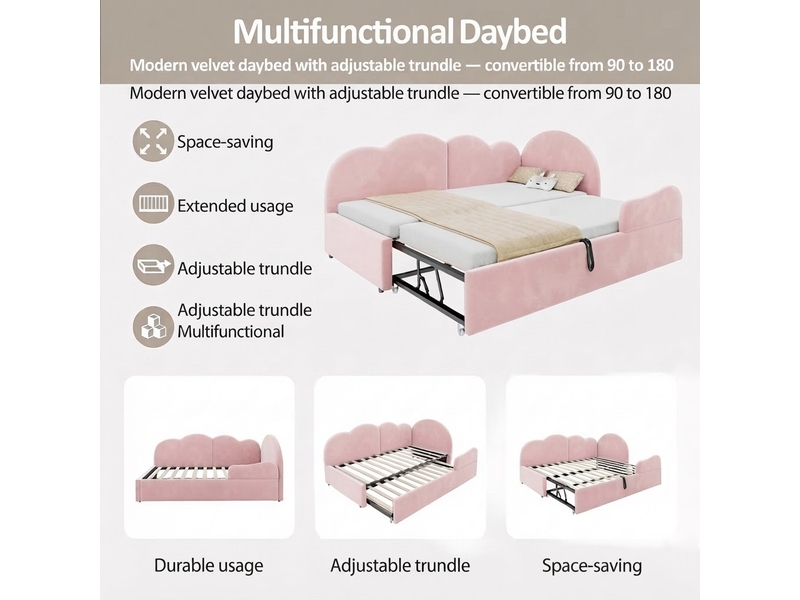  Lit jeune, 205,5x188,5x88 cm, extensible, rose LDU00639AAH-conf-NEW - Conforama R