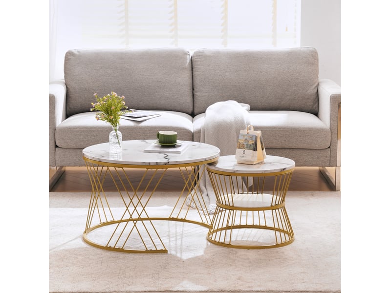  Tables basses gigognes avec 2 plateaux et base métallique, finition marbrée brillante, pour salon, en mdf, blanc  - Conforama C