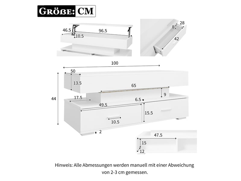 Table basse relevable avec 2 tiroirs, niche ouverte et éclairage led commandé par bluetooth pour salon, 100×50×44 cm  - Conforama D