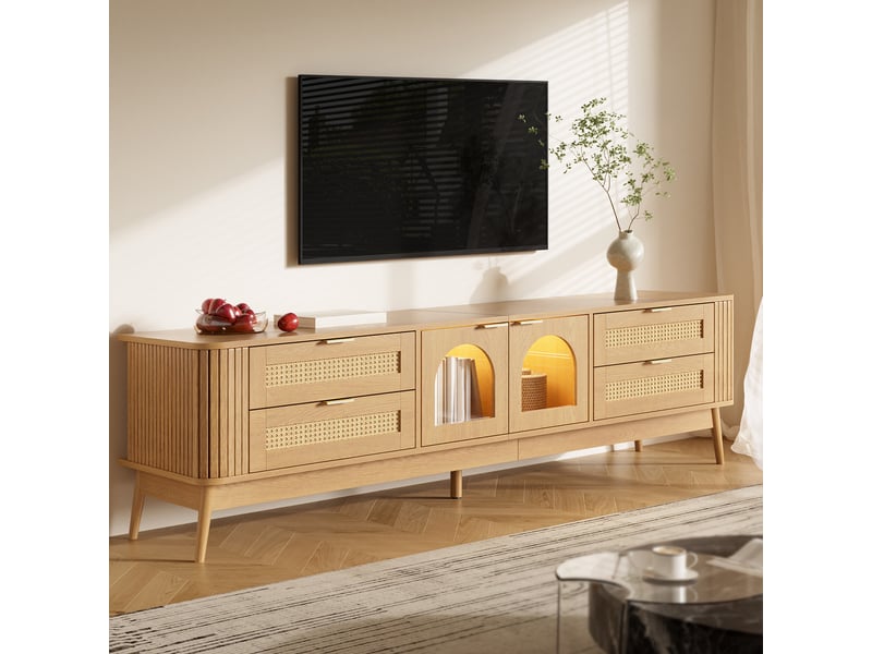 Meuble tv bas avec led connectée, portes en verre trempé arrondi, 4 tiroirs, façade cannage et rainurée, pieds bois massif - bois naturel - Conforama E