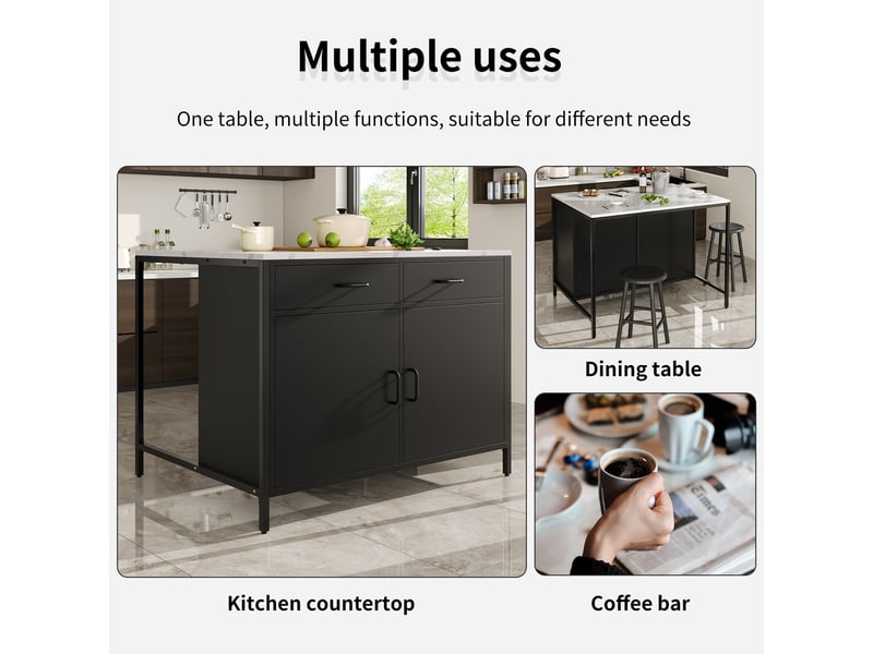  Table de bar noire en mdf, plateau imitation marbre, 100 x 90 x 90 cm, 2 tiroirs, 1 porte, design moderne 100 - Conforama E