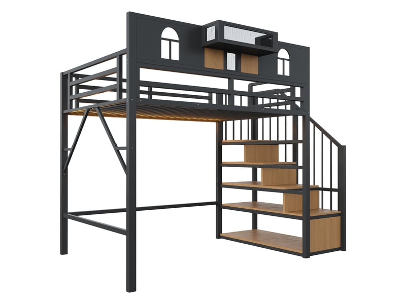 Lit mezzanine 1 place 90 × 200 cm avec éclairage, étagères et escalier de rangement, sans matelas, métal noir - Conforama E