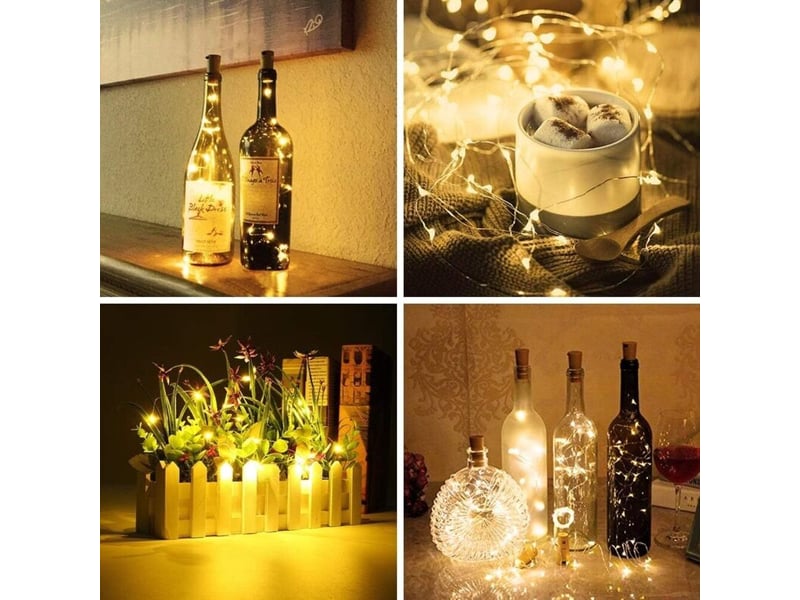  24‑pces lampes pour bouteilles à led fil‑cuivre, guirlande lumineuse bouchon‑liège, lumière blanc chaud, fonctionnement sur piles  - Conforama D
