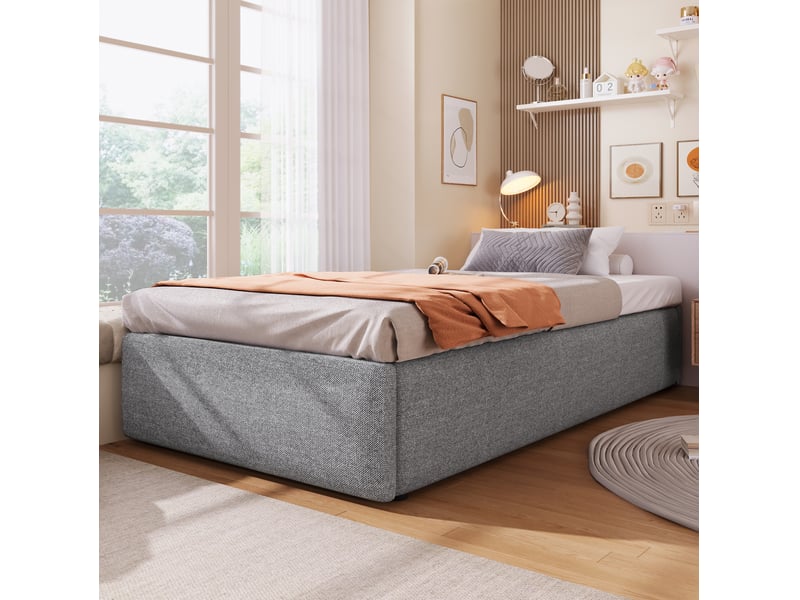  Sommier coffre 90x200 cm gris en tissu coton et lin avec tiroir, sans tête de lit  - Conforama D